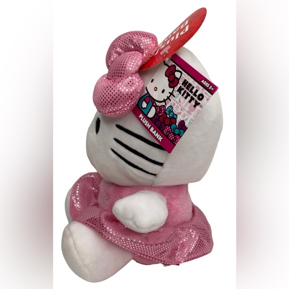SANRIO Hello Kitty Licensed 8” Plush Coin Piggy Bank With Pink Dress & Pink Bow - Picture 5 of 12